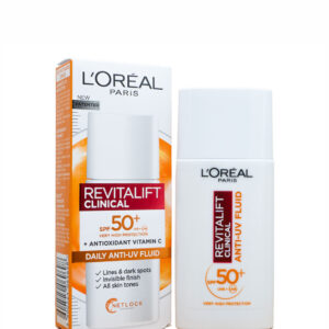 کرم ضد آفتاب فلوئیدی و بی رنگ SPF50 لورال ضد آب مدل رویتالیفت کلینیکال ضد چروک و لک